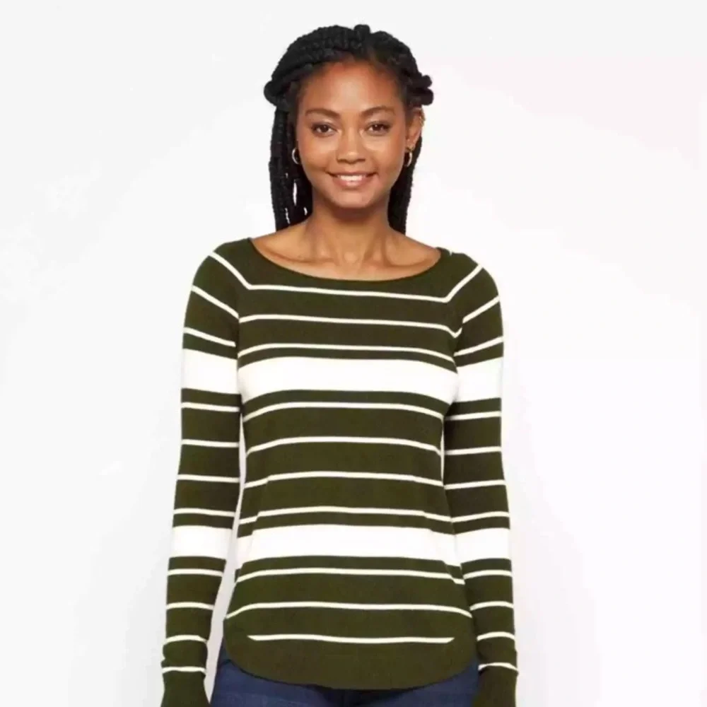 Pink Clover Stitch Fix Valencia Curved Hem‎ Sweater Olive Green Stripe Medium